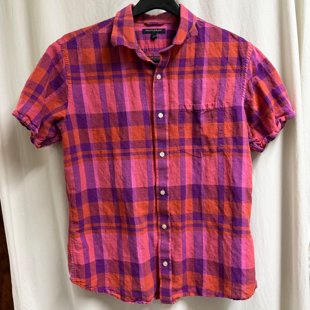 Banana Republic Mens Large Linen Cotton Plaid SS Button Down Shirt Preppy Pink